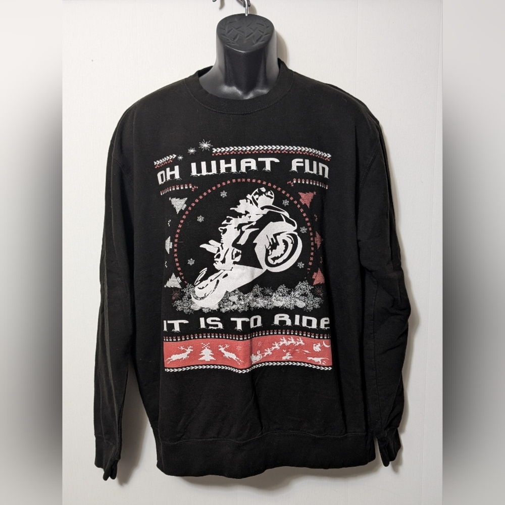 Men's Oh What Fun It Is To Ride AWDis Christmas Black Crew Sweatshirt Size XL